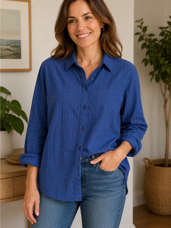 Nine West Tops - Nine West Blue Pintuck Textured Button-Up Cotton Shirt Medium
